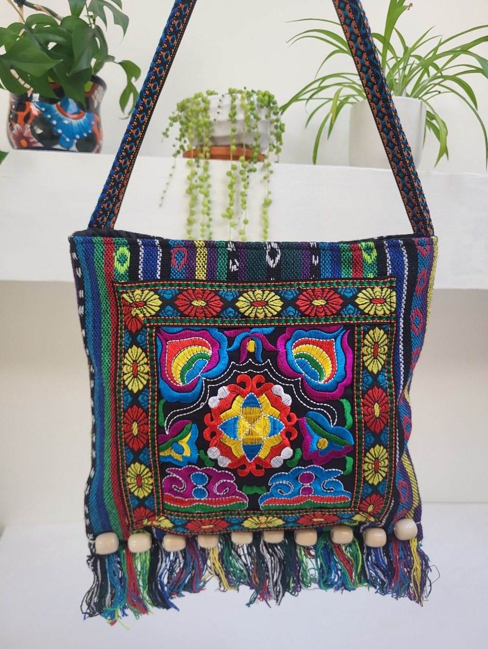NEW BOHO BLUE VIBRANT Festival Crossbody Bag Lightweight with Woven Strap